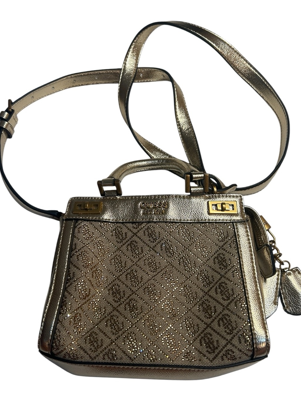 GUESS Metallic Gold Rhinestone Monogram Mini Satchel Crossbody Bag